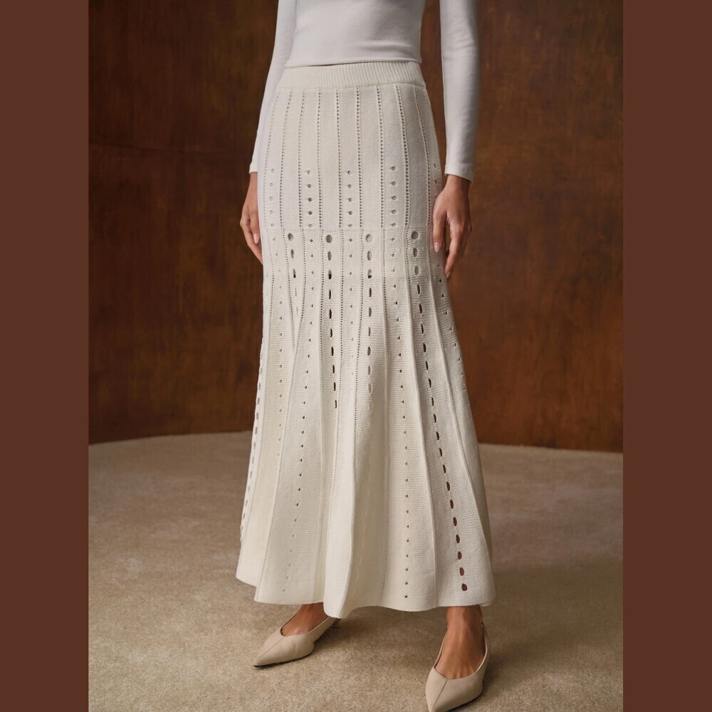 Cream Pointelle Knit Flared A-Line Maxi Skirt with Eyelet Stripes - Picture 6 of 8